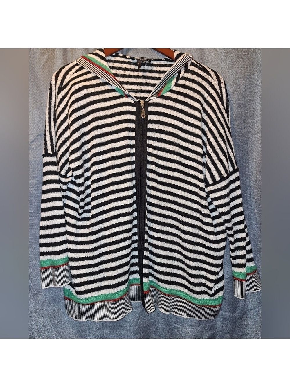 Angel Black White Striped Hooded Jacket Sweater Large